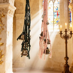 Puede incluir: Dos móviles de viento colgantes. Uno es verde oscuro con campanas de bronce y amuletos plateados. El otro es rosa con campanas de bronce y amuletos plateados. Cuelgan frente a una vidriera.