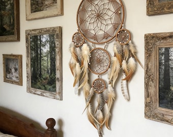Dream Catcher with Flowing Feathers and Rustic Wood Beads, Macrame Wall Hanging, Handmade Bedroom Decor