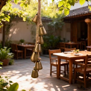 May include: A string of small, antique brass bells hangs from a natural rope, suspended from a tree branch. The bells are arranged in a vertical line, with a warm, golden hue. The background features a sunlit outdoor dining area.
