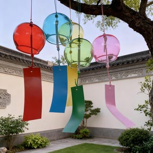 May include: A selection of colourful glass wind chimes suspended from a tree branch. Each chime has a round, transparent glass bell in red, blue, yellow, green, and pink, with a matching coloured rectangular paper strip. The chimes are set in a garden.