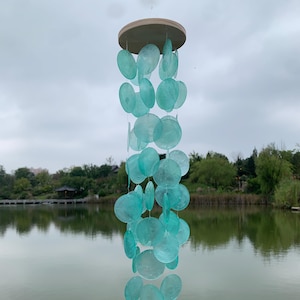 Sea Blue Shell Wind Chime, Hanging Shell Mobile, Capiz Round Shell Wind Chime, Garden Hanging Decoration, Coastal Decor