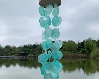 Sea Blue Shell Wind Chime, Hanging Shell Mobile, Capiz Round Shell Wind Chime, Garden Hanging Decoration, Coastal Decor