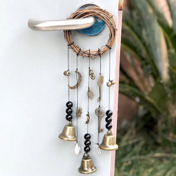 Rustic Bell Hanging for Front Door, Witch Bell, Protection Bells, Aura Quartz, Housewarming, Harmony Protection Bell, Kitchen Altar Supplies