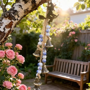 Peut inclure: Un carillon décoratif suspendu à une branche d'arbre. Il comprend une sorcière en bronze sur un balai, des perles bleues et blanches et des cloches en bronze. L'arrière-plan montre un banc en bois et des roses roses.