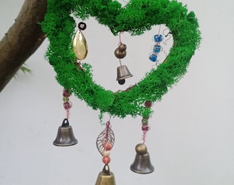 Heart Shaped Wreath, Witch Bell With Moss, Witch Bells, Wreath Bells, Pagan Home Decor, Moss Decor Protection, New Home Gift for Protection