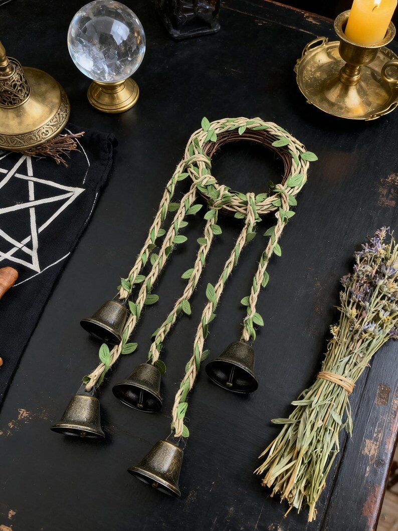 Hanging Witch's Bells, Spiritual Bells, Hanger Wiccan Wind Chimes, Doorknob Protection Brass Bells, Hanging Bells, Altar Supplies image 8