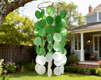 Handmade Natural Capiz Wind Chime, Unique Wedding Gift, Translucent Shell Chime for Outdoor and Indoor, Blue Gentle Wind Chimes Capiz Shell