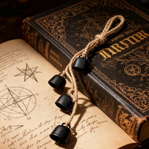 May include: A close-up of an open antique book with handwritten text and geometric drawings. A string of four small black bells hangs over the book. The book has a dark cover with gold lettering.