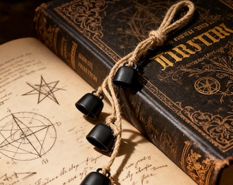 May include: A close-up of an open antique book with handwritten text and geometric drawings. A string of four small black bells hangs over the book. The book has a dark cover with gold lettering.