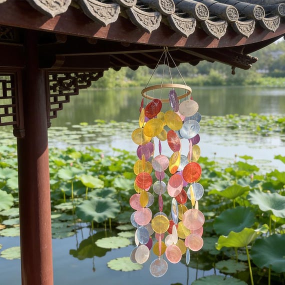 Rainbow Capiz Shell Wind Chime, Handmade Colorful Hanging Mobile