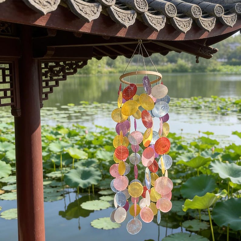 May include: A colorful wind chime with a wooden ring and strands of iridescent, round shell pieces in shades of red, yellow, pink, and blue. The chime hangs from a traditional Asian-style structure with a lake in the background.