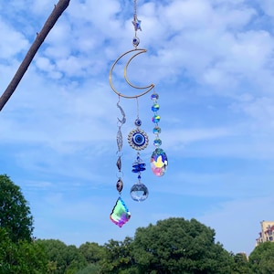 Atrapasueños para colgar en la ventana, atrapasol de luna, atrapasol de ojos malvados, cristales y cuentas colgantes, creador de arcoíris para ventanas