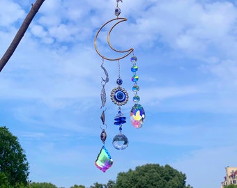 Sun Catcher for Windows Hanging, Moon Suncatcher, Evil Eyes Sun Catcher, Hanging Crystals and Beads, Rainbow Maker Window