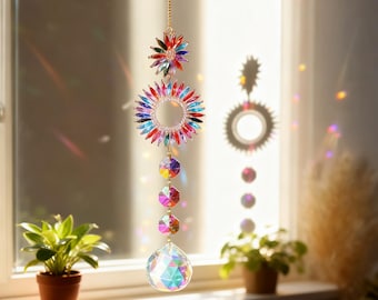 Bohemian Colorful Flower Window Sun Catcher, Witchy Boho Hanging Prism with Sunlight Spots