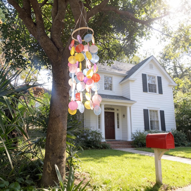 May include: A colorful wind chime with circular, translucent pieces in shades of pink, yellow, orange, and blue hangs from a tree branch. The wind chime is suspended by a wooden ring. A white house with black shutters and a red mailbox are in the background.
