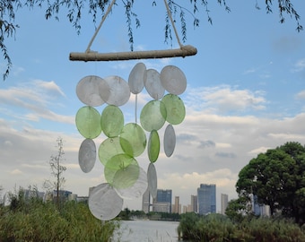Round Shell Mobile Chime, Green Windchime  Come With Wall Stand, Beach Wind Chime, Garden Hanging Decoration, Housewarming Gifts