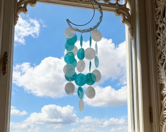 Gold Moon with Light Blue Stone Shell Wind Chimes, Capiz Shell Spiral Crystal Mobile Wind Chime, Children's Decor & Accessories
