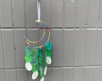 Moon Shell Sun Catcher Wind Chime, Beach Wind Chime, Handmade Capiz Shell Wind chime,  Beach Home Decor for Room, Hanging Shell Mobile