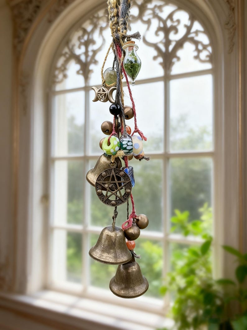 Handmade Witch Bells, Witch Bells and Wind Chimes, Hanging Bells for Wreath, Witchy Decor Wall Art, Pagan Decor, Spiritual Ward Gifts image 4