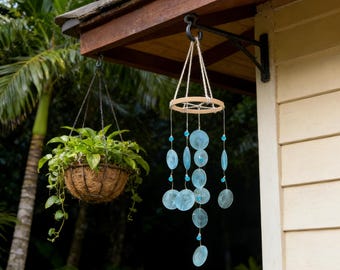 Azure Mermaid Wind Chime, Handmade with Blue Shells and Sea Glass, Soothing Coastal Decor for Porch or Garden, Unique Beach House Gift