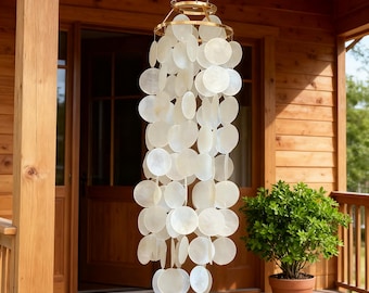 Handmade White Natural Capiz Wind Chime, Pearlescent Shell Chime for Porch, Capiz Shell Wind Chime, Wedding Gift, Porch & Garden Wind Chime