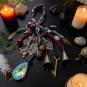 ウィッカ祭壇ハウスドアノブ保護ベル、キッチン用編み込みハンギングベル、ペイガン装飾、リース用ハンギングベル、魔女風サンキャッチャー