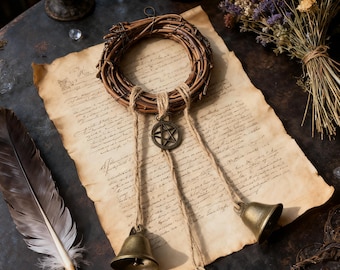 Halloween Witches Bells for Door Knob, Wicca Witch Bells for Home Protection, Rustic Witches Bells with Pentagram, Enchanted Garden Bells