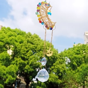 Moon Suncatcher, Rainbow Suncatcher, Sun Catcher Crystal, Sun Catcher for Windows, Hanging Crystals Decoration, Hanging Crystals Room Decor