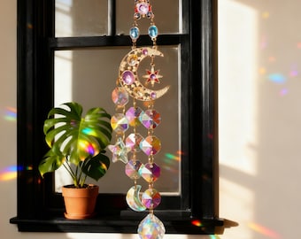 Spiritual Crystal Moon Suncatcher, Hanging Bohemian Decor with Sun Refraction, Witchy Home & Altar Accent