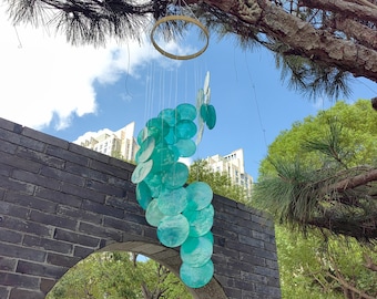 Blue Seashell Wind Chime, Capiz Shell Mobile Wind Chime, Hanging Outdoor Decor, Garden Patio Decor, Mother’s Day Gift