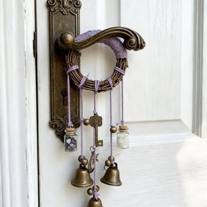 Purple Witch Bell Wreath, Witch Bells for Door Protection, Hanging Door Knob Protection Bells, Wicca Altar House Doorknob Protection Bell