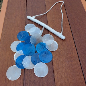 Dark Blue Capiz Chime, Beach Coast Glass Shells, Ocean Blue Capiz Shell Rainbow, Hanging Mobile Shell Ornament, Outdoor Decor for Zen Garden