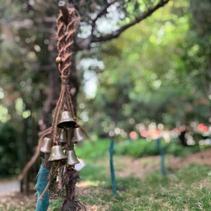 May include: A string of small, brass bells hanging from a tree branch. The bells are tied together with brown twine and have a rustic, vintage look.