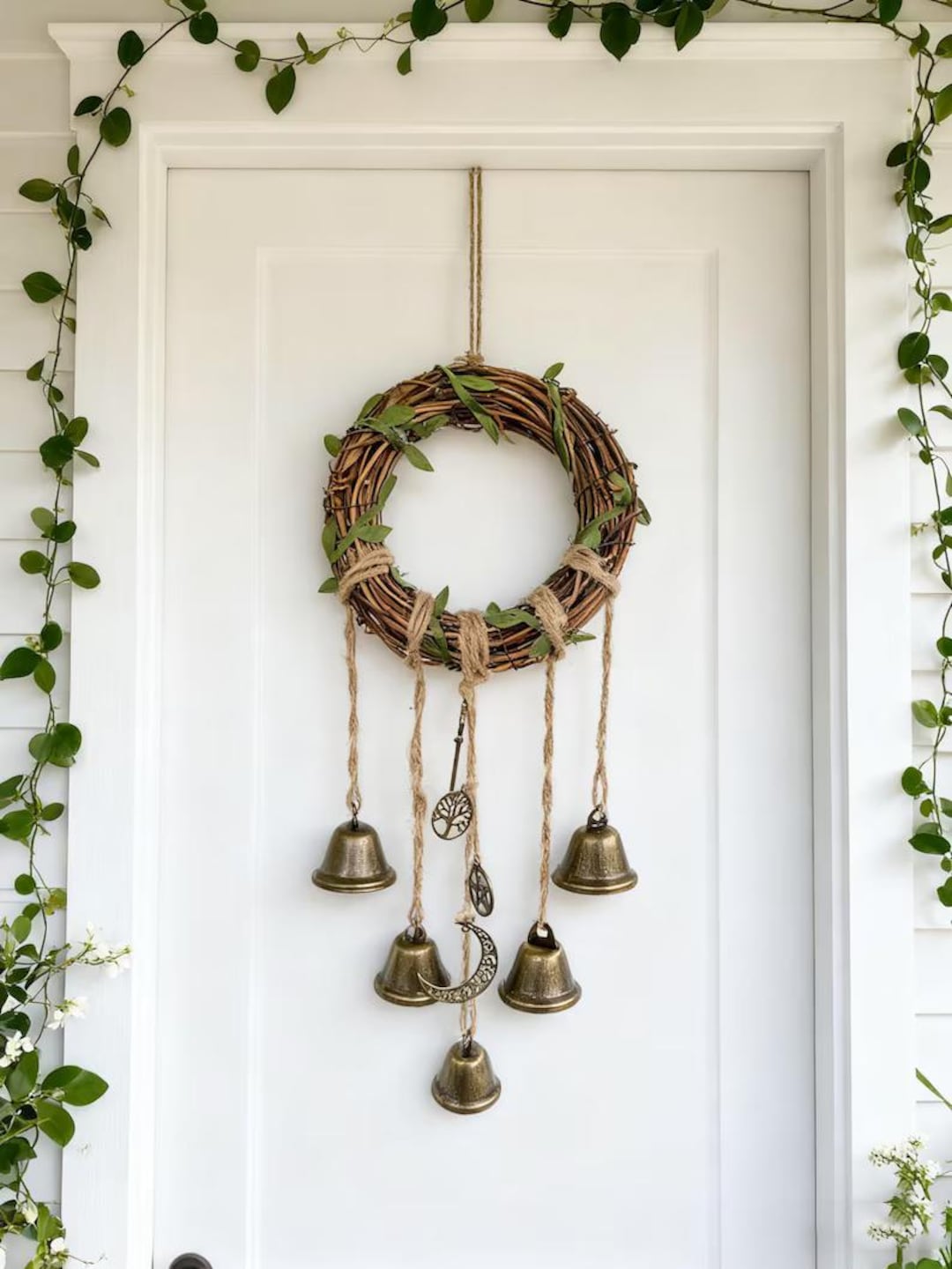 Witch Decor Hanging Door Bell – 16.5 Inch Vintage Design With 8 Metal Bell Pendants, Twine + Iron Plating, For Porch, Garden, Window, Or Tree Wreath