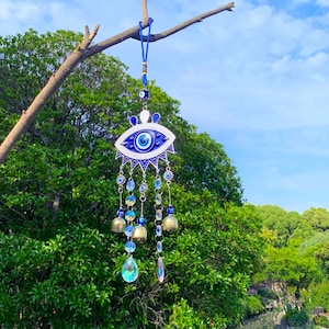Evil eyes Crystal Suncatcher, Witch Bells with Sun Catcher, Hanging Crystal Prism, Sun Catcher Garden Stakes, Rainbow Maker Crystal