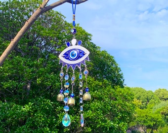 Evil eyes Crystal Suncatcher, Witch Bells with Sun Catcher, Hanging Crystal Prism, Sun Catcher Garden Stakes, Rainbow Maker Crystal