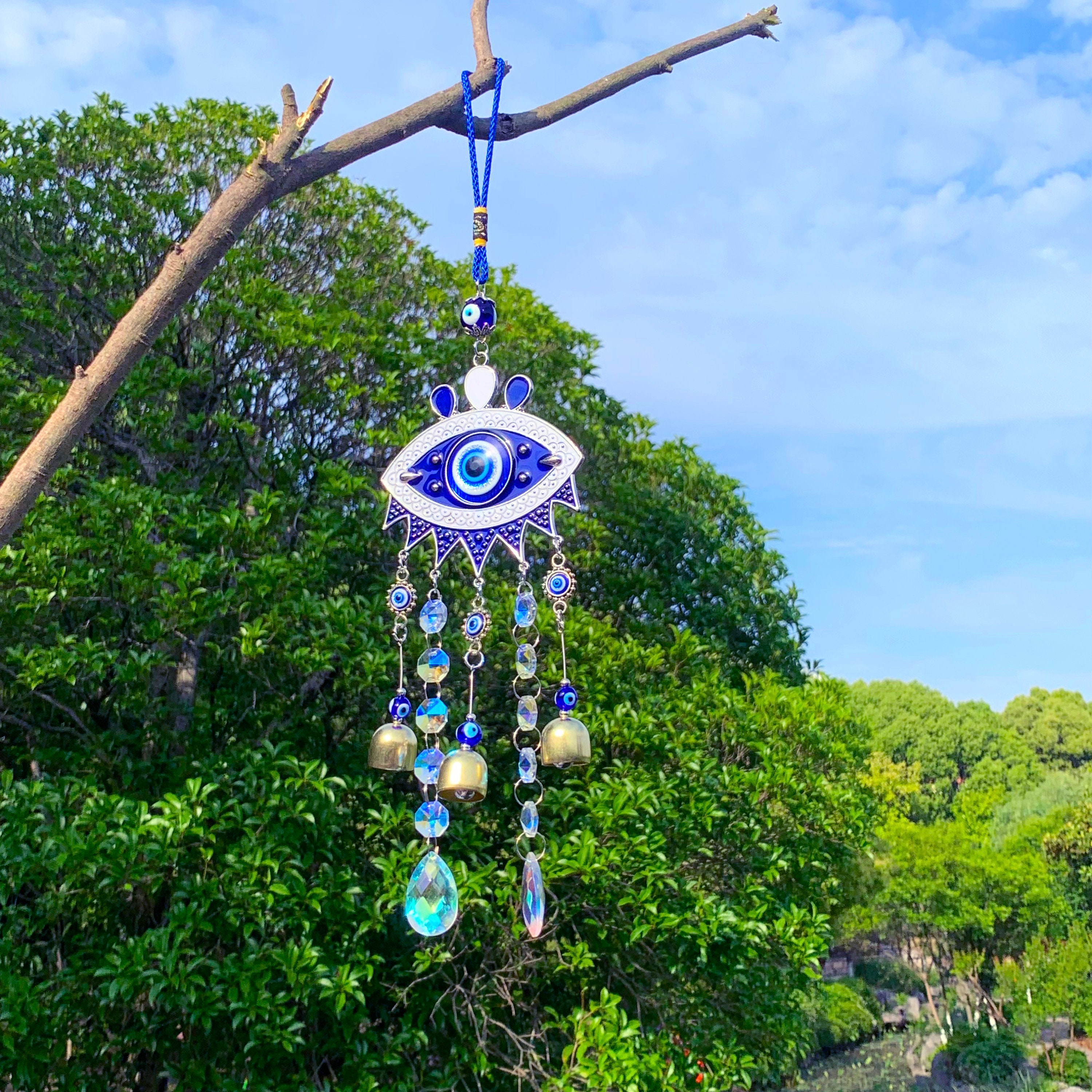 Evil eyes Crystal Suncatcher, Witch Bells with Sun Catcher, Hanging Crystal Prism, Sun Catcher Garden Stakes, Rainbow Maker Crystal