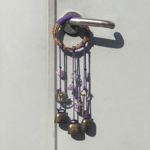 Purple Wreath Hanging Wind Chime, Amethyst Pendants with 3 Bronze Bells - Keeps Negativity Away - Witch Bells - Housewarming Gift