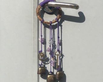 Purple Wreath Hanging Wind Chime, Amethyst Pendants with 3 Bronze Bells - Keeps Negativity Away - Witch Bells - Housewarming Gift