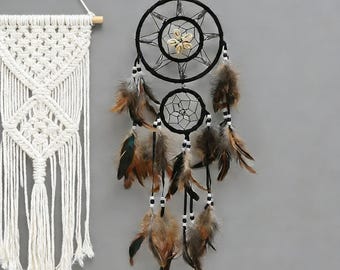 Black Dream Catcher with Feathers, Boho Bedroom Decor, Native American Style, Wall Hanging, Spiritual Gift, Protection Charm