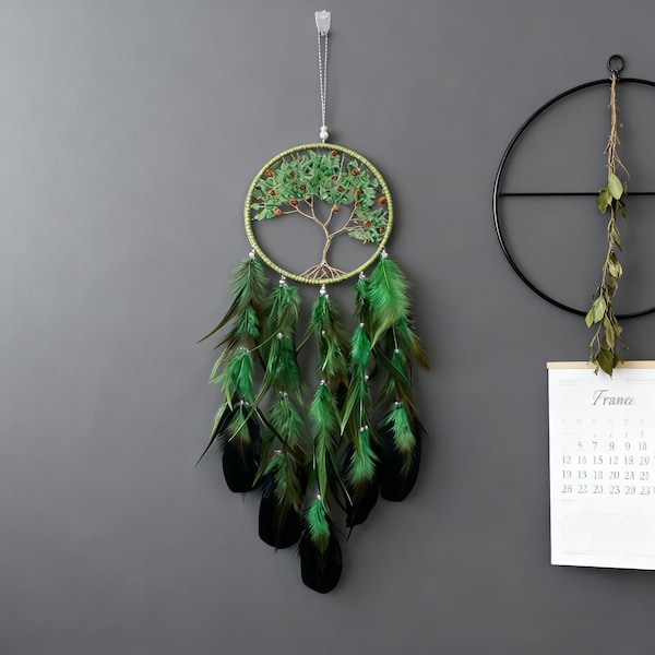 Green Feather Tree of Life Dream Catcher, Green and Gold Tree of Life Dream Catcher, Nature Inspired Decor, Tree of Life Wall Hanging