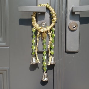 Green Mini Witch Bell Wreath with Rattans, Silver Bells for Door Protection, Witch Hanging Bells for Door, Witch Craft, Spiritual Ward Gifts
