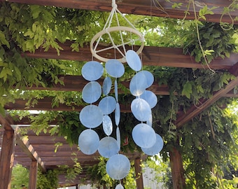 Handmade Light Blue Shells Wind Chime, Outside Yard Hanging Ornament, Beach Decorative Wind Chimes for Indoor Window, Birthday Gifts for Her