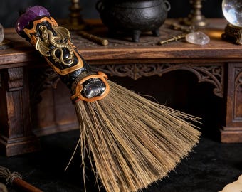 Purple & White Crystal Witch Broom, Mystical Altar Tool for Witchcraft, Pagan Ritual Decor, Bohemian Witchy Home Accessory