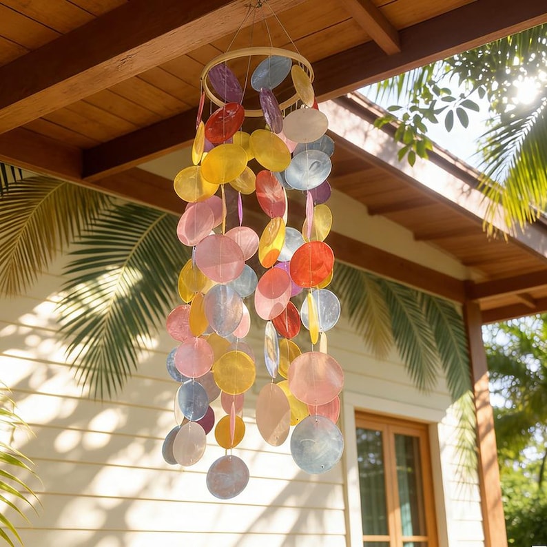 May include: A colorful wind chime with multiple circular, iridescent pieces in shades of pink, yellow, blue, and red. The chime is suspended from a wooden ring and hangs in front of a wooden ceiling and a white wall.