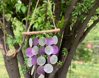 Sun Catcher windgong, witte en paarse ronde capiz-schelp windgong, buiten binnen hangend decor, patiotuindecoraties