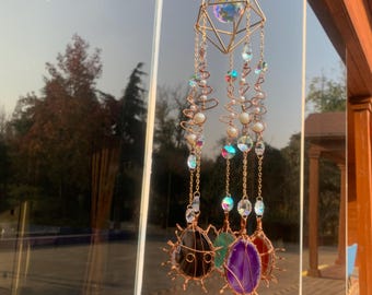 Handmade Amber Octagon Sun Catcher, Geometric Prism Light Catcher for Window, Casts Warm Rainbows