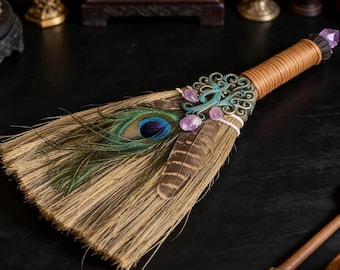 Handmade Witch Broom, Amethyst Crystal Tree of Life, Peacock Feather Pagan Broom, Wiccan Altar Tool, Spiritual Cleansing Decor