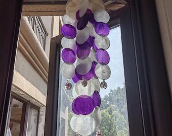 Lavender White Seashell Wind Chime, Handmade Ocean Beach Decor, Coastal Windchime,  Boho Porch Garden Decor, Housewarming Gift