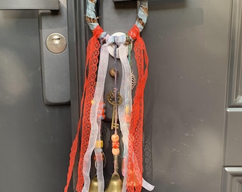 Witch Bells for Door Protection, Hanging Bells on Ropes, Witch Bells with Red and White Ribbons, Witchy Decor Kitchen, Witchcraft Supplies